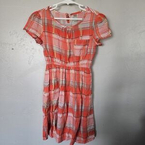 Mikarose Girls 7 Coral Pink Plaid Puff Sleeve Dress Crew Neck Knee Length Summer